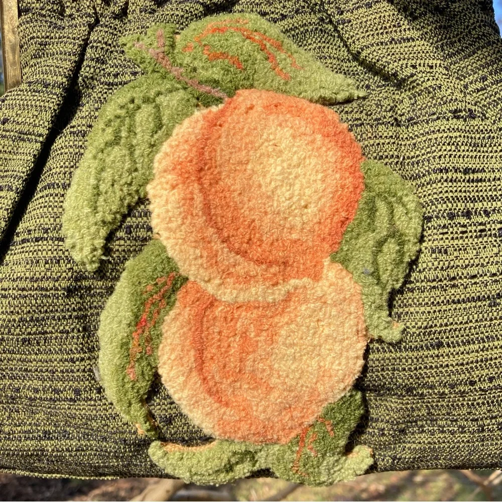 Vintage Style Peach Carpetbag Applique on Green Black Lined Fabric Handbag *HP!*
